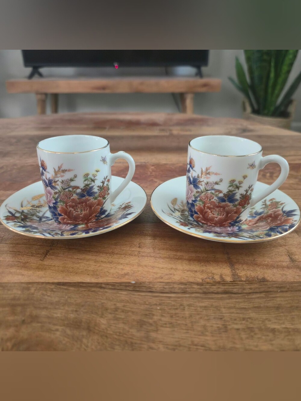 Vintage Japanese Kutani Cup & Saucer Set of 2 Floral Gold Gilt Porcelain